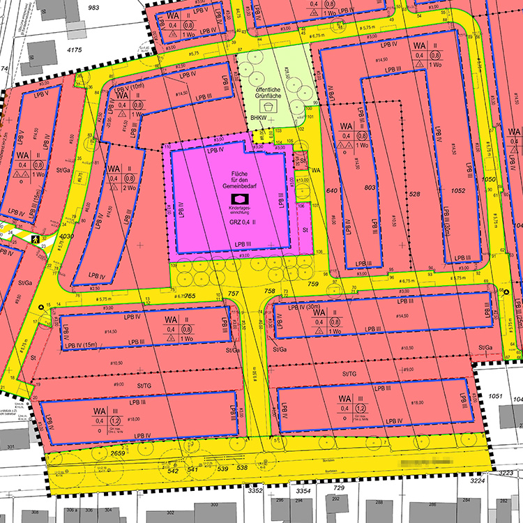 Amtliche Vermessung, Bauleitplanung: Blick auf einen Lageplan